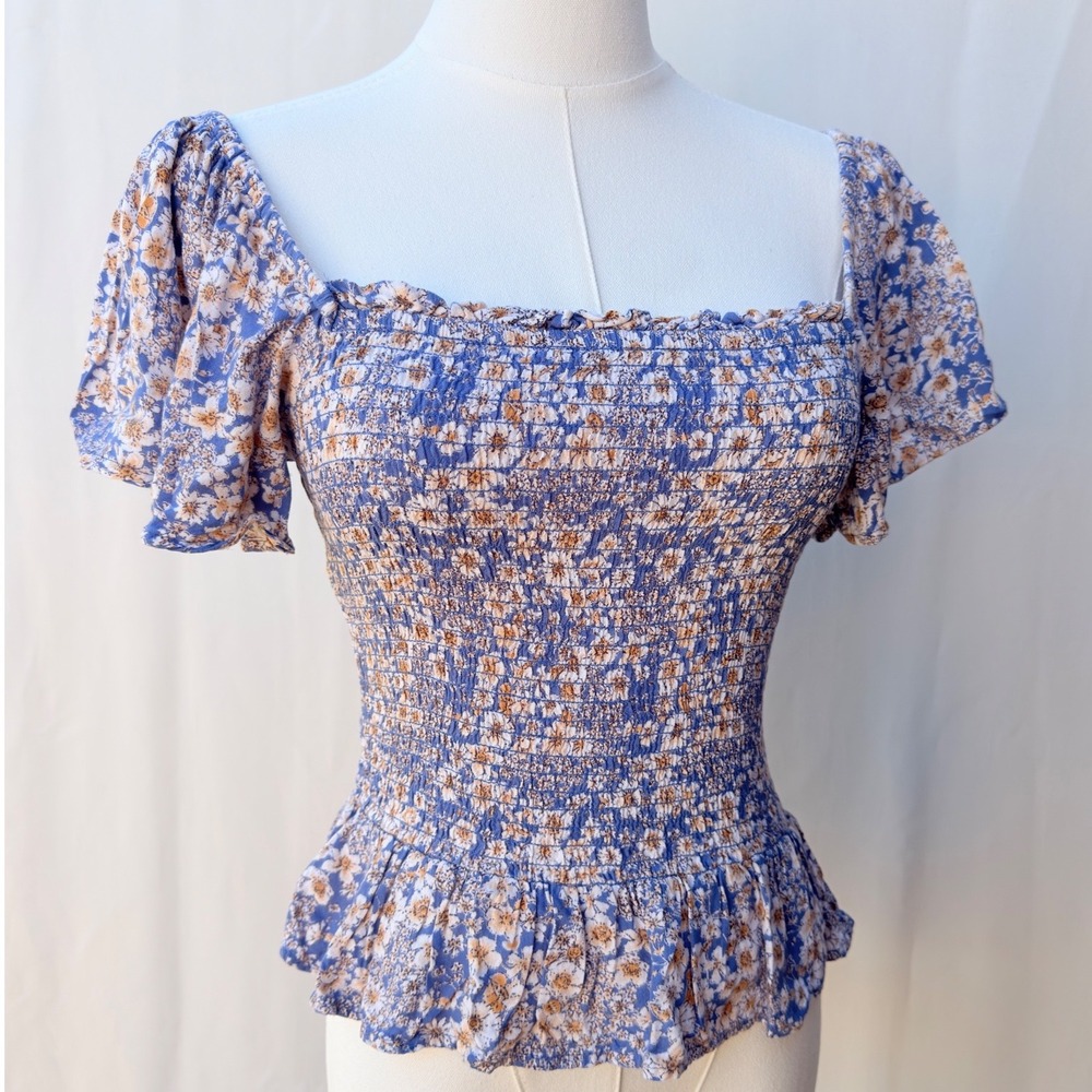 Blue Floral Milkmaid Smocked Peplum Top Cottagecore Fairycore - Picture 2 of 9